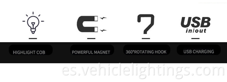 Luz de trabajo de mazorca de LED caliente de 360 ​​grados Rotate USB recargable Inspección de automóvil cubierta de goma Lámpara de trabajo con imán y gancho